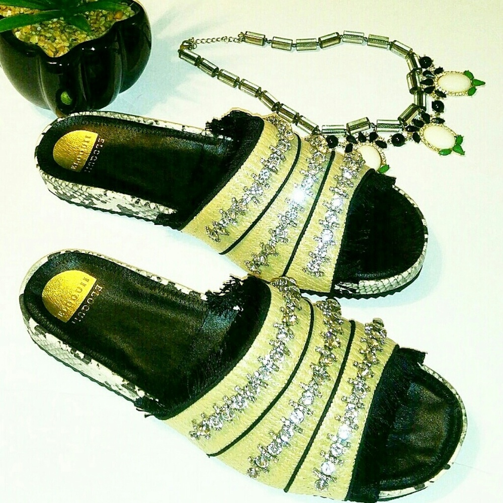 💎NWOB Eloquii Tan Straw Snake Jeweled Slides